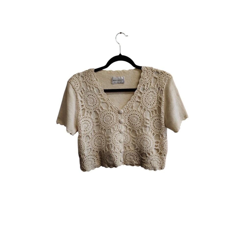 Molly Malloy Women's Ivory Crochet‎ Button Up Crop Top